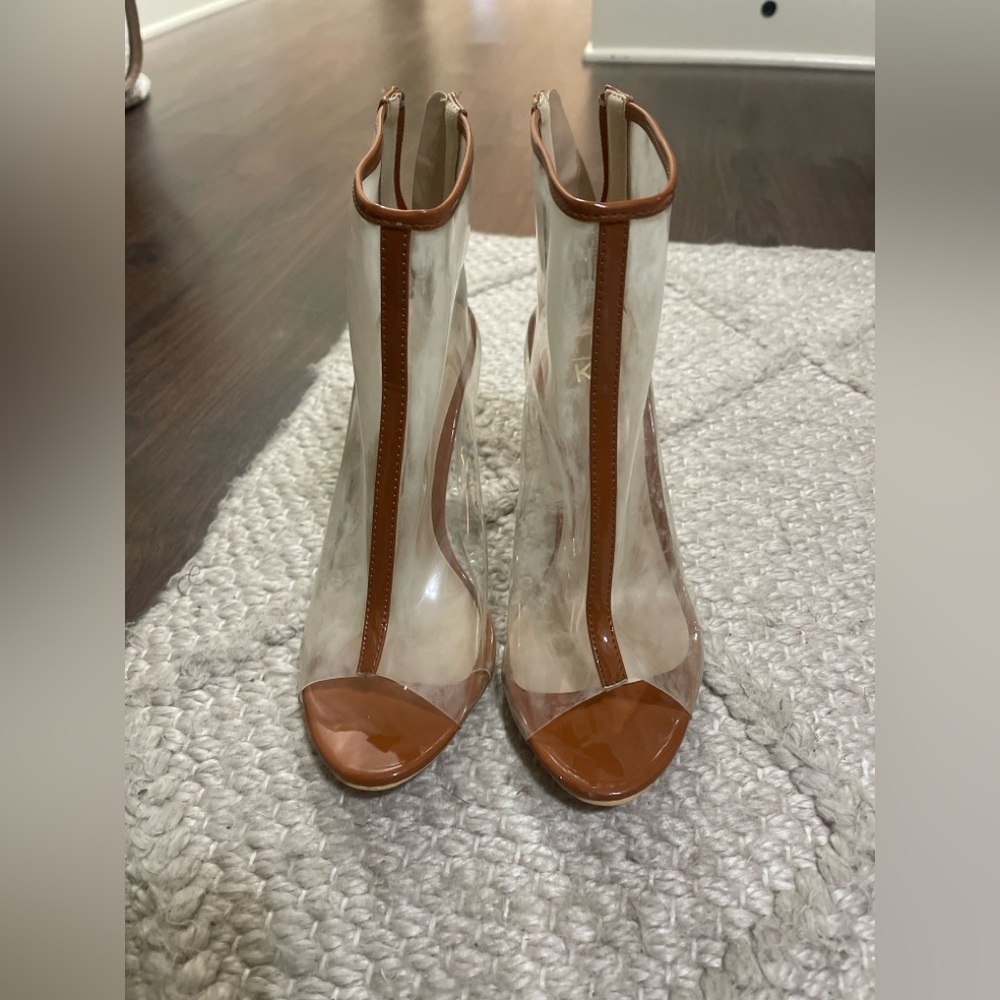 Clear Peep-Toe Booties with Tan Trim – Size 8M